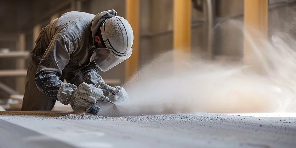 Sandstrahlen einer Holzfläche mit Schutzausrüstung (KI-generiert)